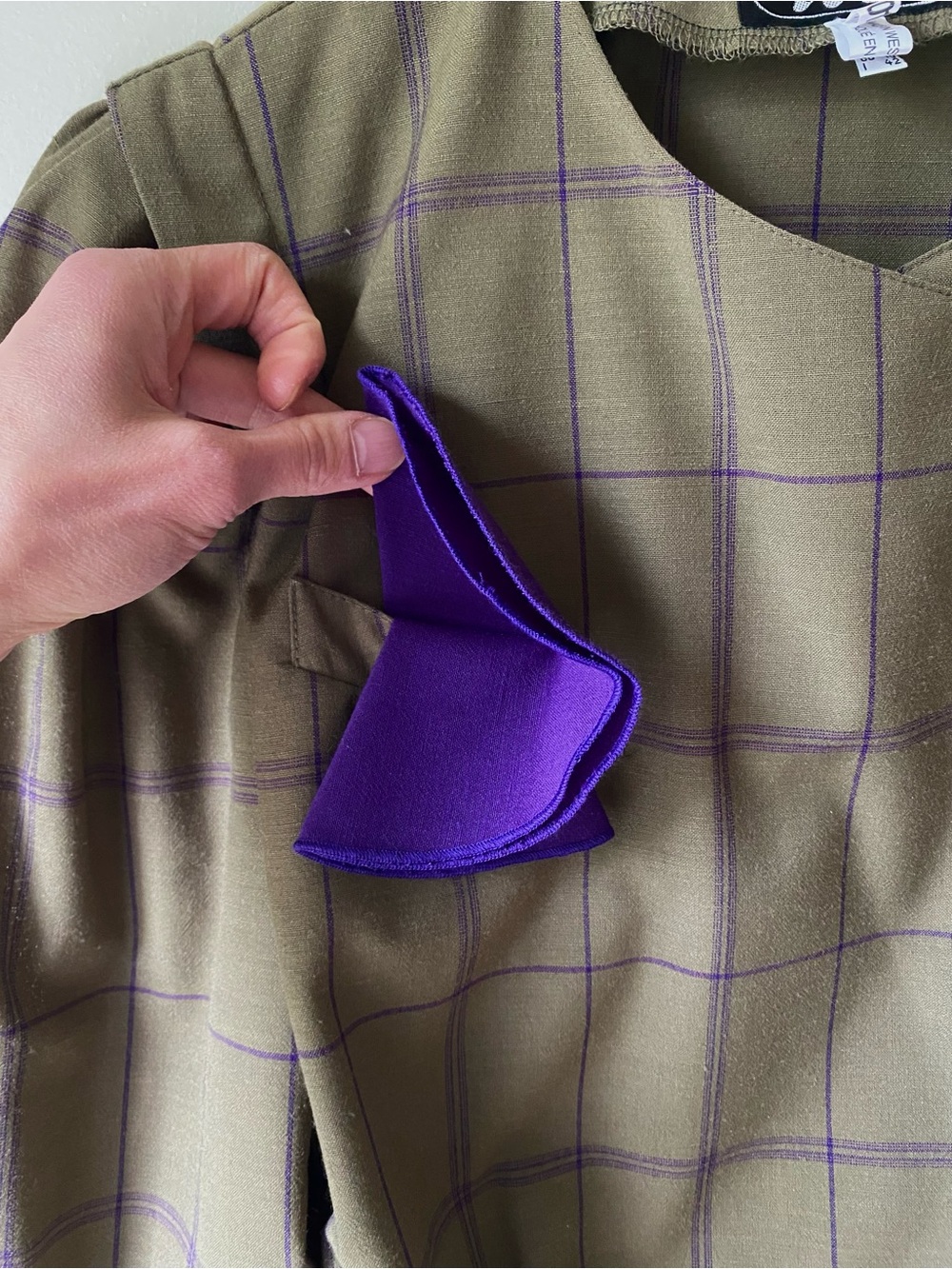 Wool blend Moss green with purple check peplum blazer - Picture 6 of 16